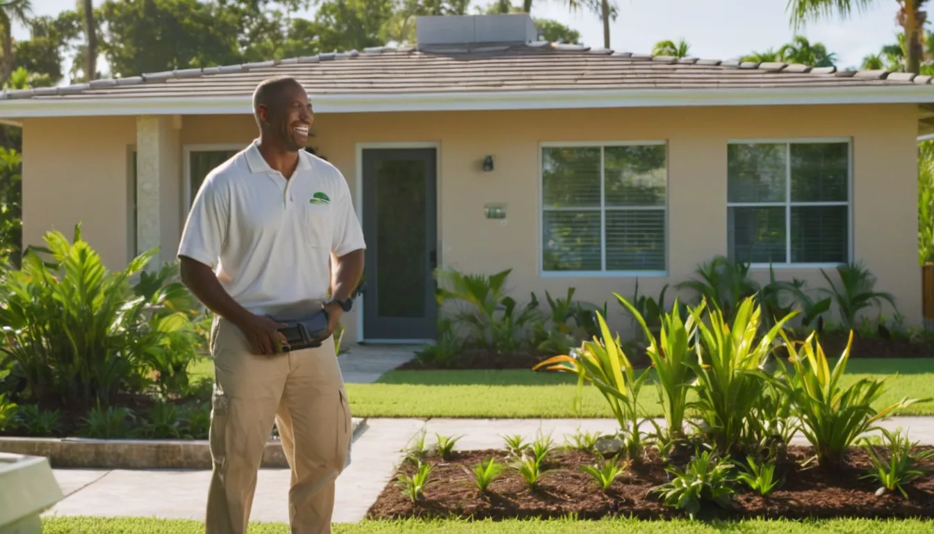 A friendly provider chatting with a homeowner beside a septic tank access lid in Davie